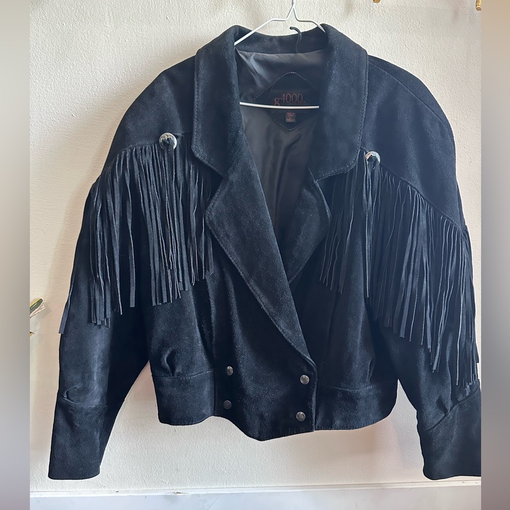 Vintage Black Suede Leather Fringe Jacket – g4000  Size Large